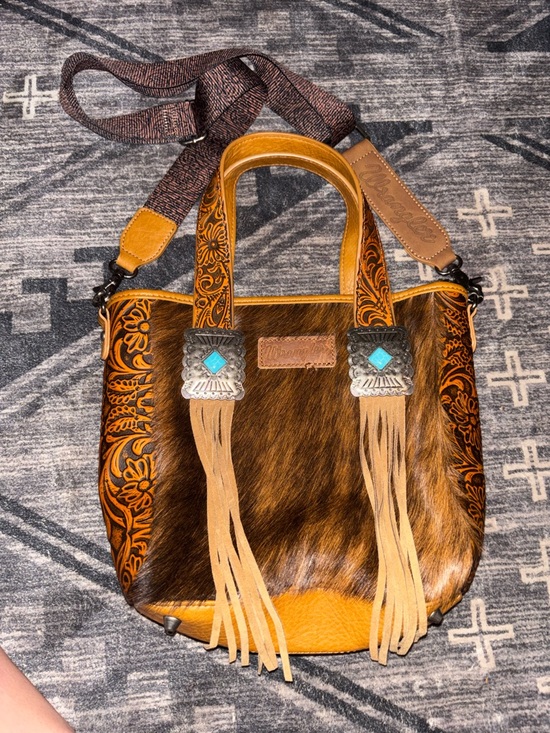 Wrangler Handbags - Wrangler Brown Hair-On Leather Shoulder Bag with Turquoise Conchos